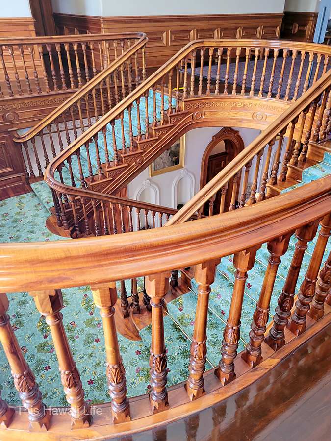 Elaborate wood details on the stairs to the 2nd level of Iolani Palace