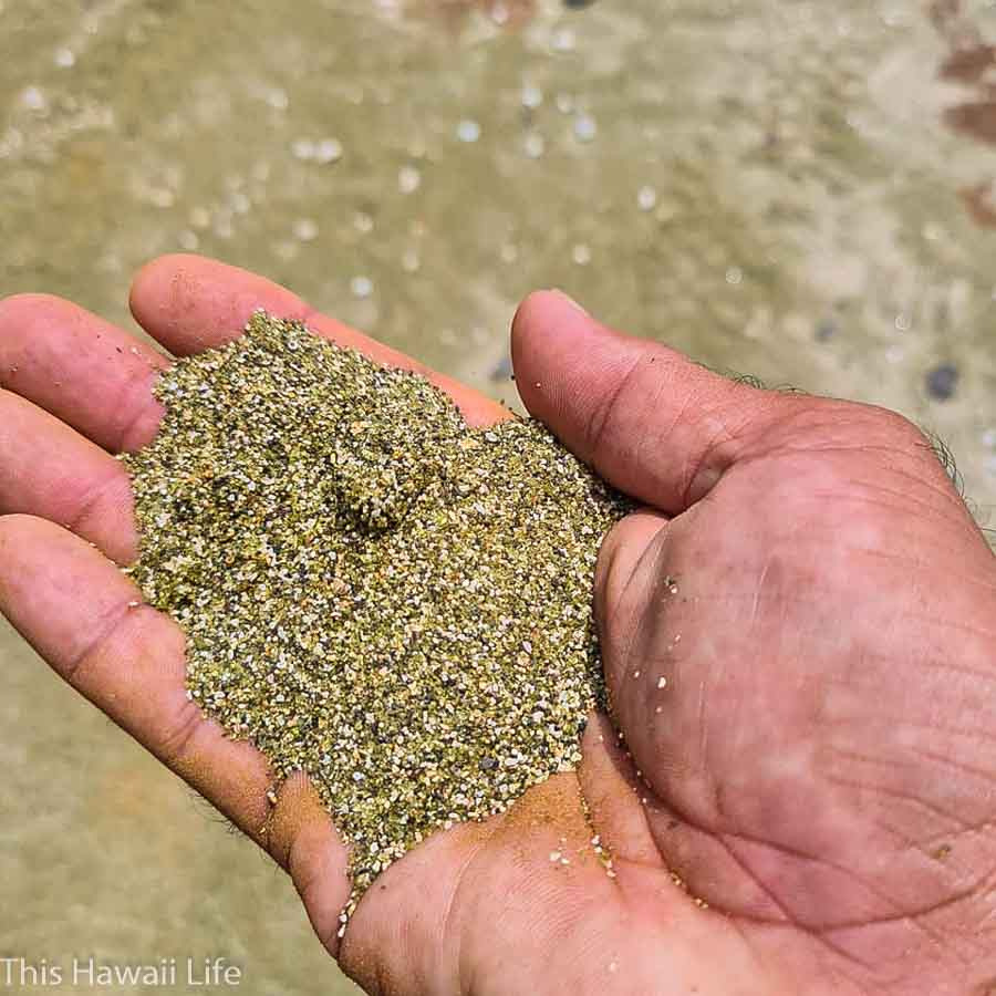 A sampling of green olivine crystals mixed with black and white sand.